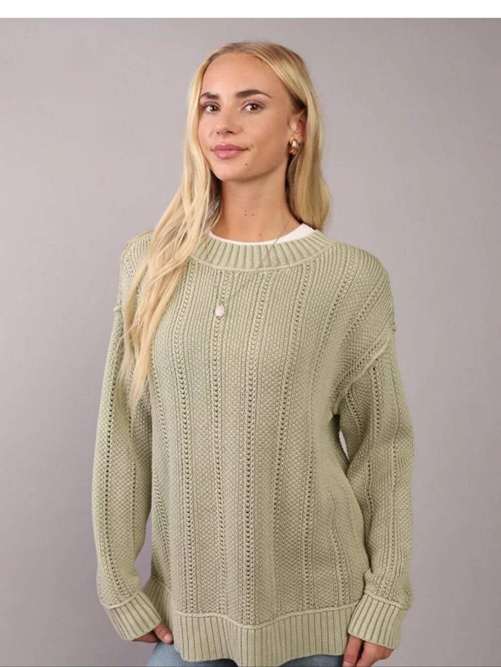NWT American Eagle Oversized Crew Neck Ribbed Pullover Sweater Sage Green Sz L